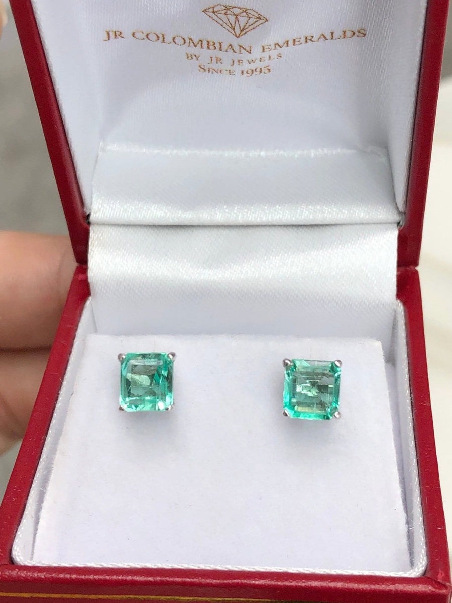 Classic 4 prong Asscher-Cut 1.60tcw Rich Green Natural Colombian Emerald Earrings Gold 14K
