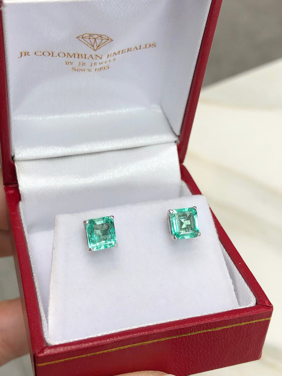 Classic 4 prong Asscher-Cut 1.60tcw Rich Green Natural Colombian Emerald Earrings Gold 14K Gifts
