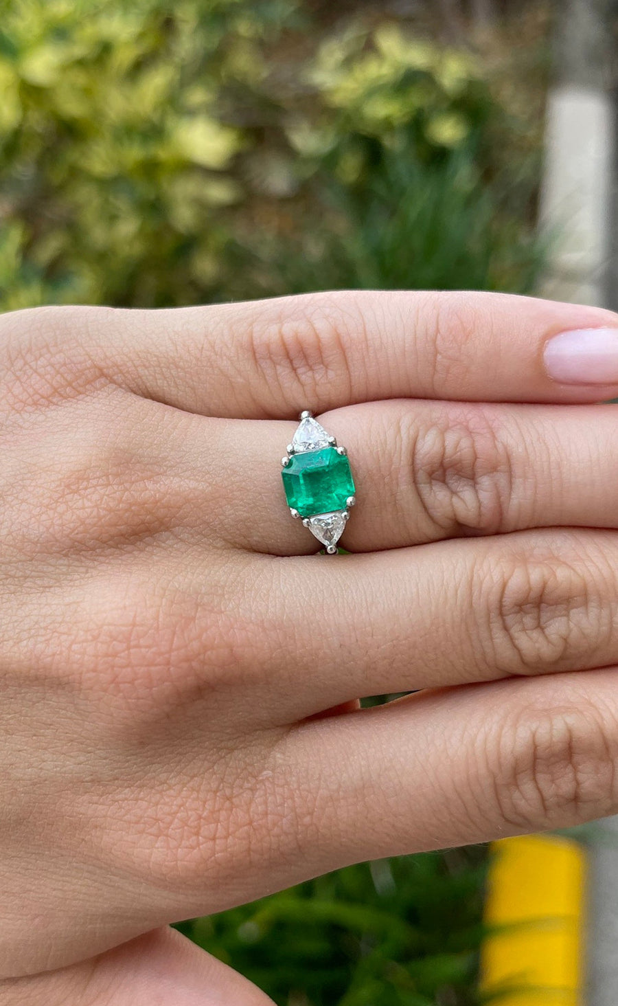 Fine Jewelry: 2.80tcw Three Stone Dark Vivid Green Emerald cut Emerald and Diamond Ring 18K