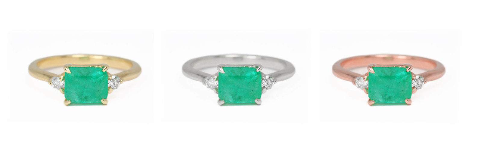 East to West 1.96tcw 3 Stone Emerald & Round Diamond engagement Ring 14K yellow gold