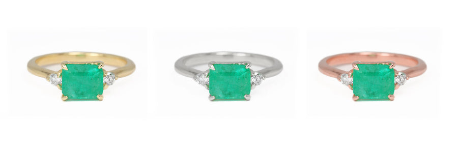 East to West 1.96tcw 3 Stone Emerald & Round Diamond engagement Ring 14K yellow gold