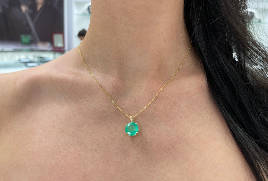 6.50ct Earth mined Colombian Emerald Solitaire Round Cut Gold 4 Prong Pendant Necklace 14K