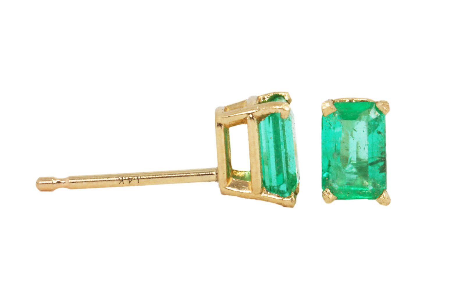 Dainty 4 Prong Classic 0.80tcw Emerald Cut Emerald Stud Earrings 14K Gold