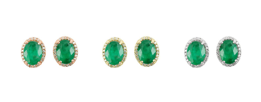 Oval Dark Green 2.10tcw Natural Emerald & Diamond Pave Halo Stud Earrings 14K