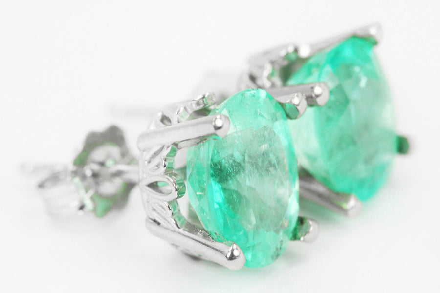 2.0TCW Green Certified Genuine Emerald Oval Scroll Prong Stud Earrings 14K