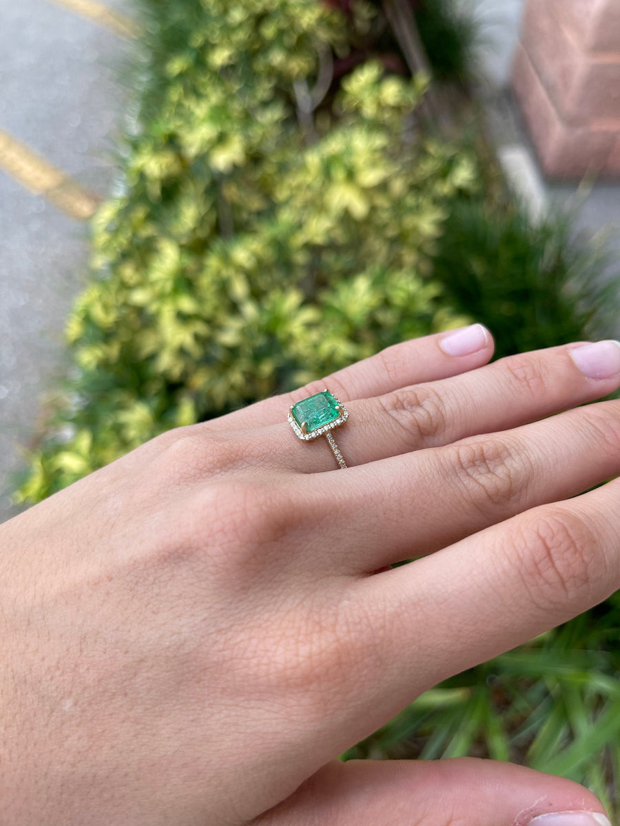 Emerald And Diamond 2.80tcw Engagement Ring Halo with accents Emerald Cut Ring 14K Yellow Gold