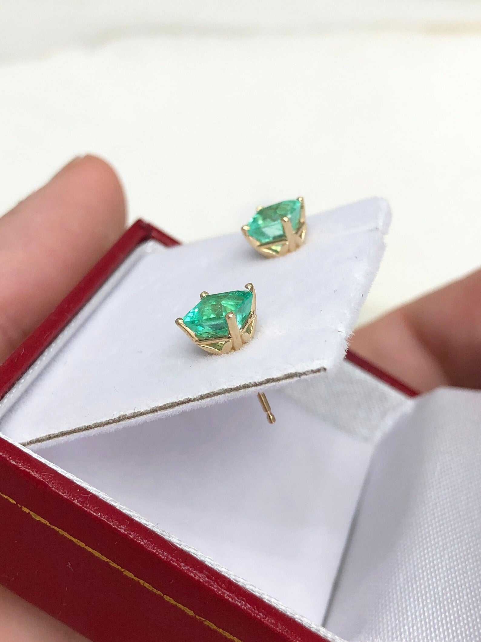 1.80tcw Natural Bright Electric Green Emerald Asscher Cut Earrings 14K