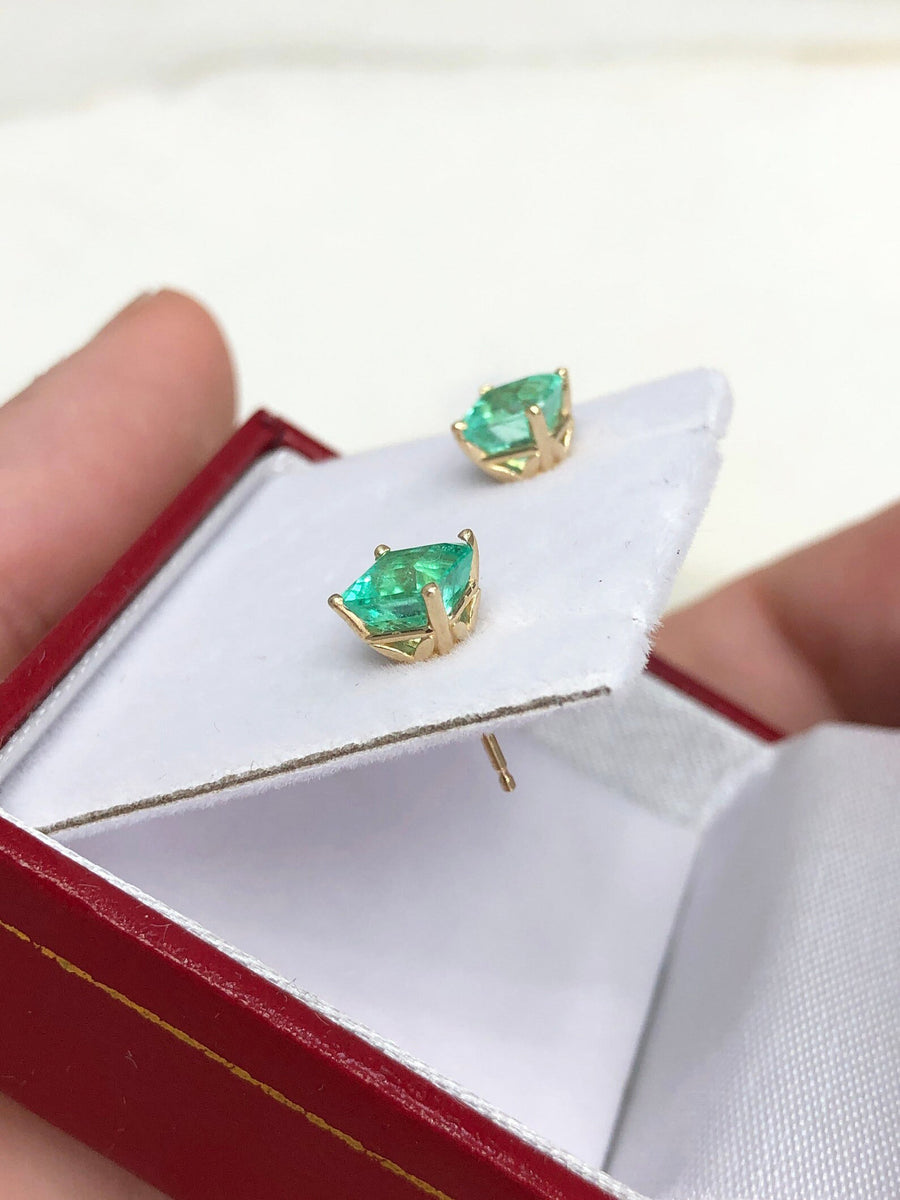 Natural Bright Green 1.80tcw Colombian Emerald Asscher Cut 4 Prong Earrings 14K Gold