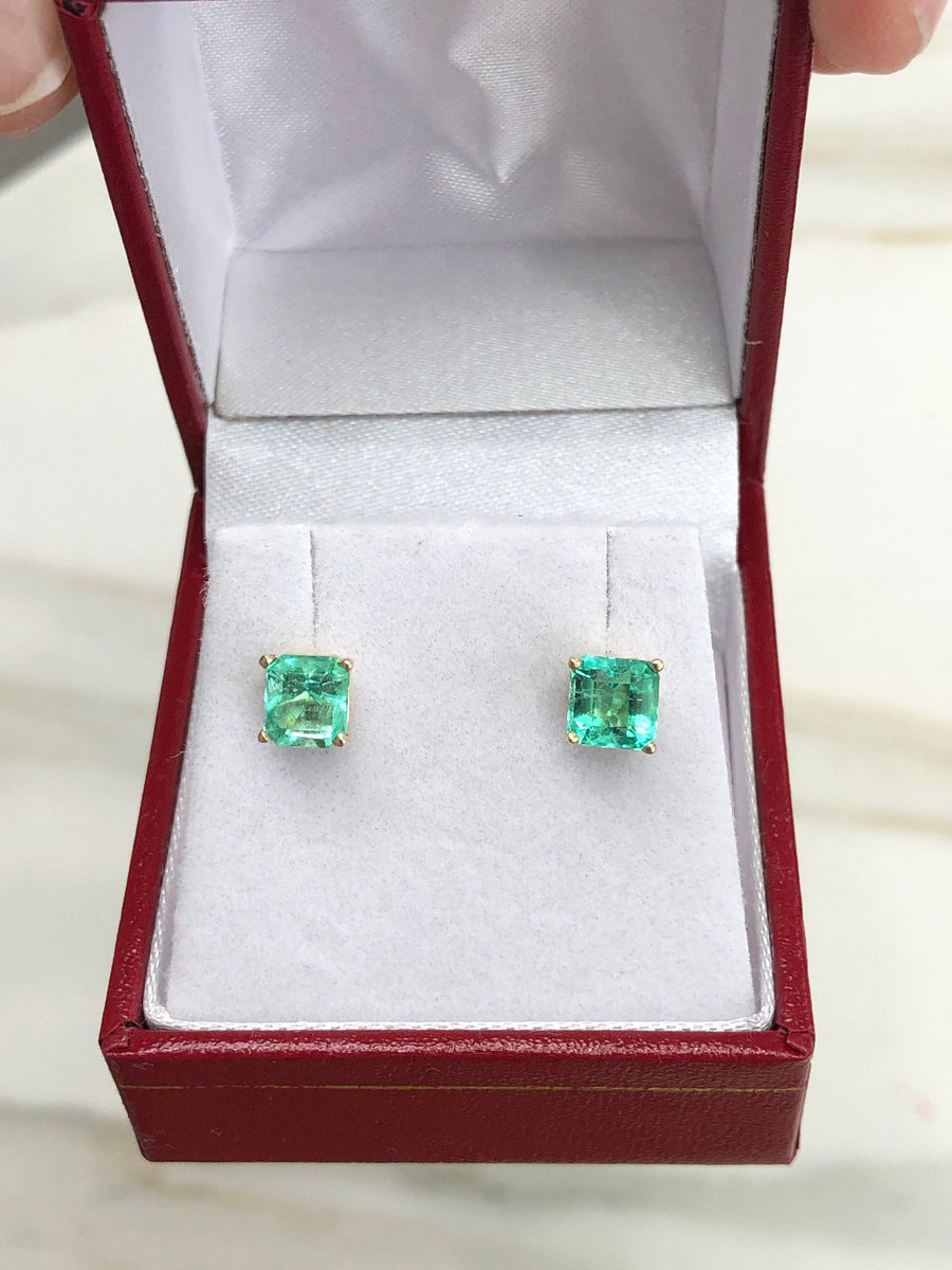1.80tcw Genuine Bright Electric Green Emerald Asscher Cut 4 Prong Earrings 14K Gold