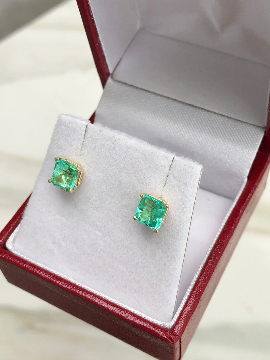 Genuine Bright Green 1.80tcw Emerald Asscher Cut 4 Prong Earrings 14K Gold