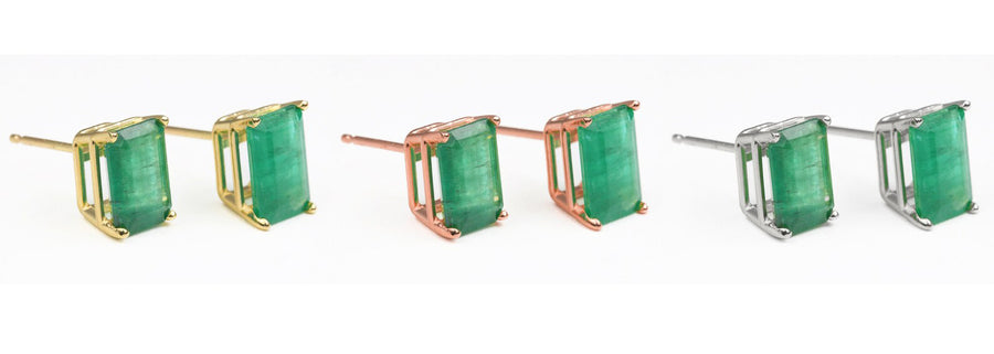 Genuine Emerald 2.50tcw Rich Dark Green Emerald Cut Solitaire 4 prong Earrings 14K