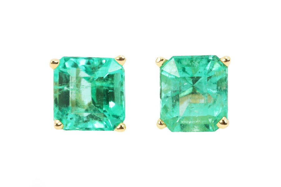 1.80tcw Natural Bright Electric Green Emerald Asscher Cut Earrings 14K Gold