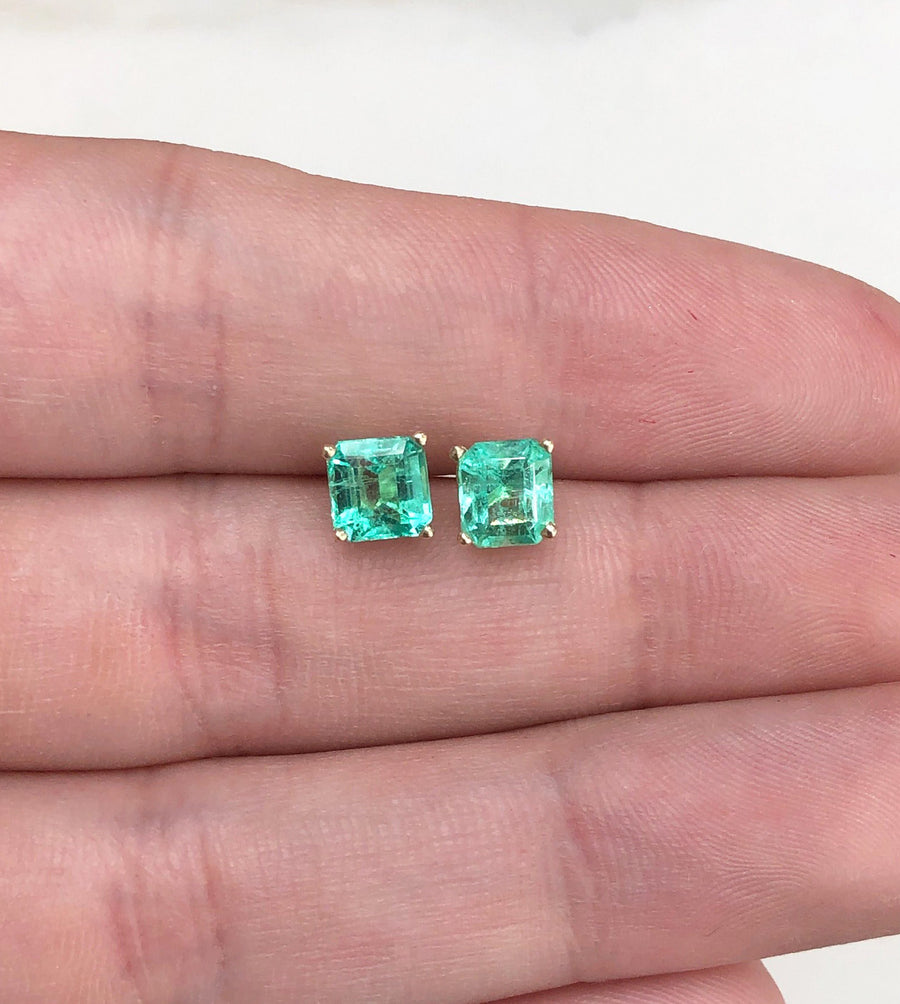 1.80tcw Genuine Bright Electric Green Emerald Asscher Cut Earrings 14K
