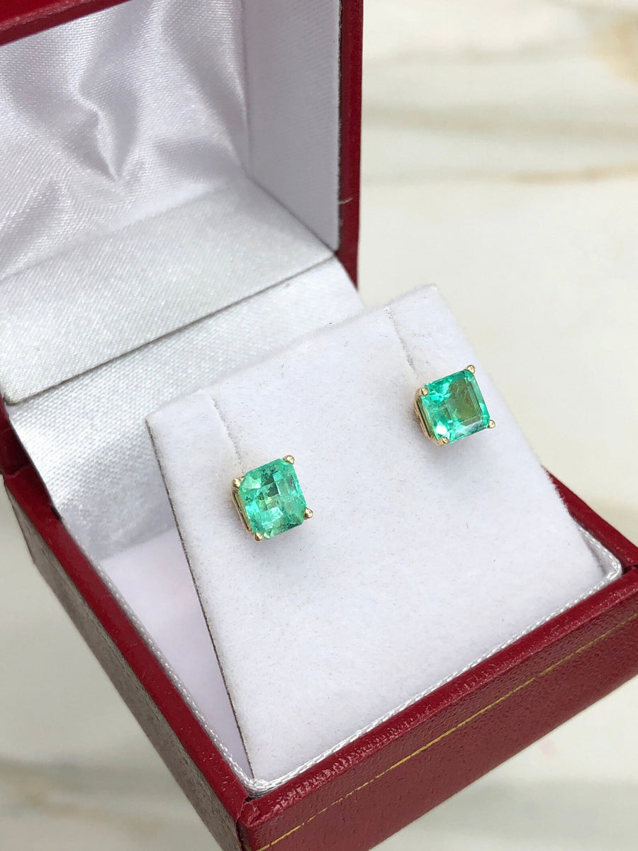 Natural Bright Green 1.80tcw Emerald Asscher Cut 4 Prong Earrings 14K Gold