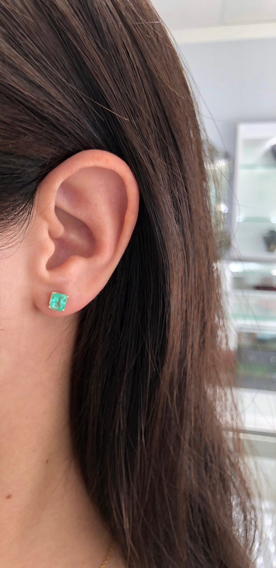 Natural Bright Green 1.80tcw Colombian Emerald Asscher Cut 4 Prong Earrings 14K