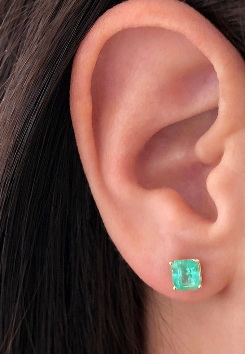 1.80tcw Genuine Bright Electric Green Emerald Asscher Cut Earrings 14K Gold