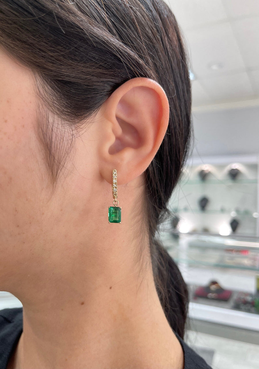 Rich Dark Green 4.84tcw Emerald Cut Emerald & Diamond Latch Back Omega Earrings 14K