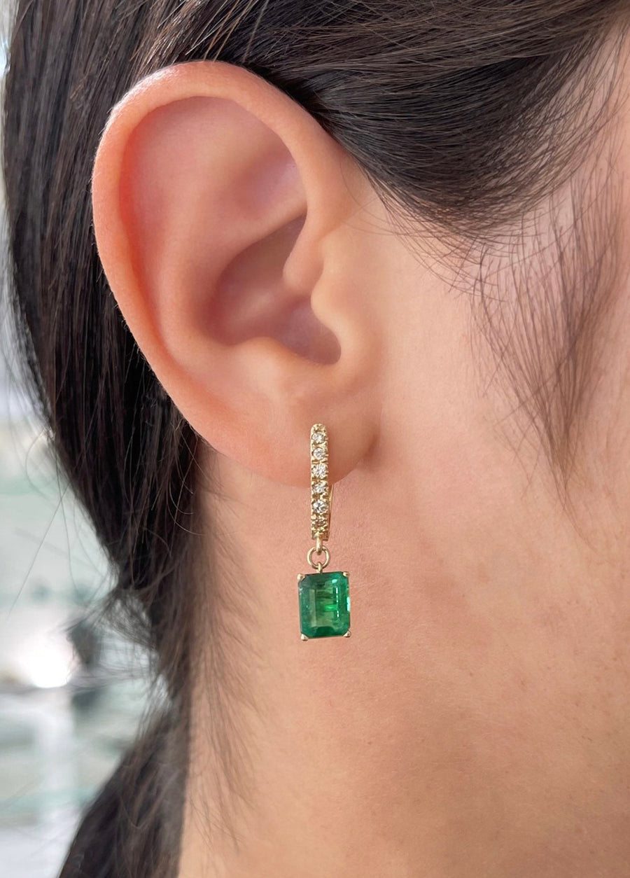 4.84tcw Genuine Dark Green Emerald Cut Emerald & Round Diamond Hoop Dangle Earrings 14K Gold