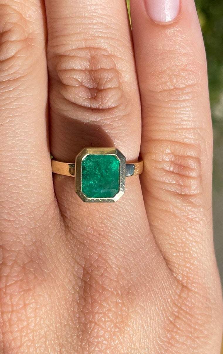 2.10cts Bezel Set Dark Emerald Solitaire 18k Engagement Classic Ring - JR Colombian Emeralds