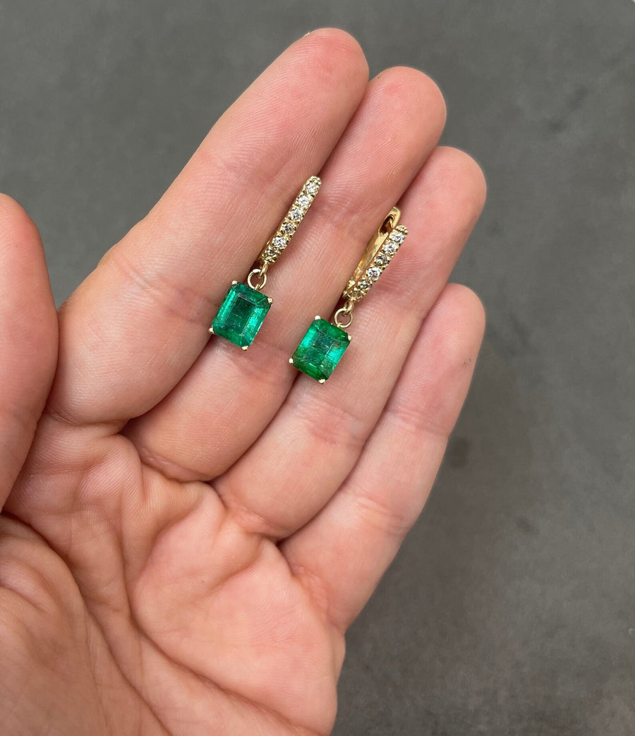 Rich Dark Green 4.84tcw Emerald Cut Emerald & Diamond Latch Back Omega Earrings 14K Gold