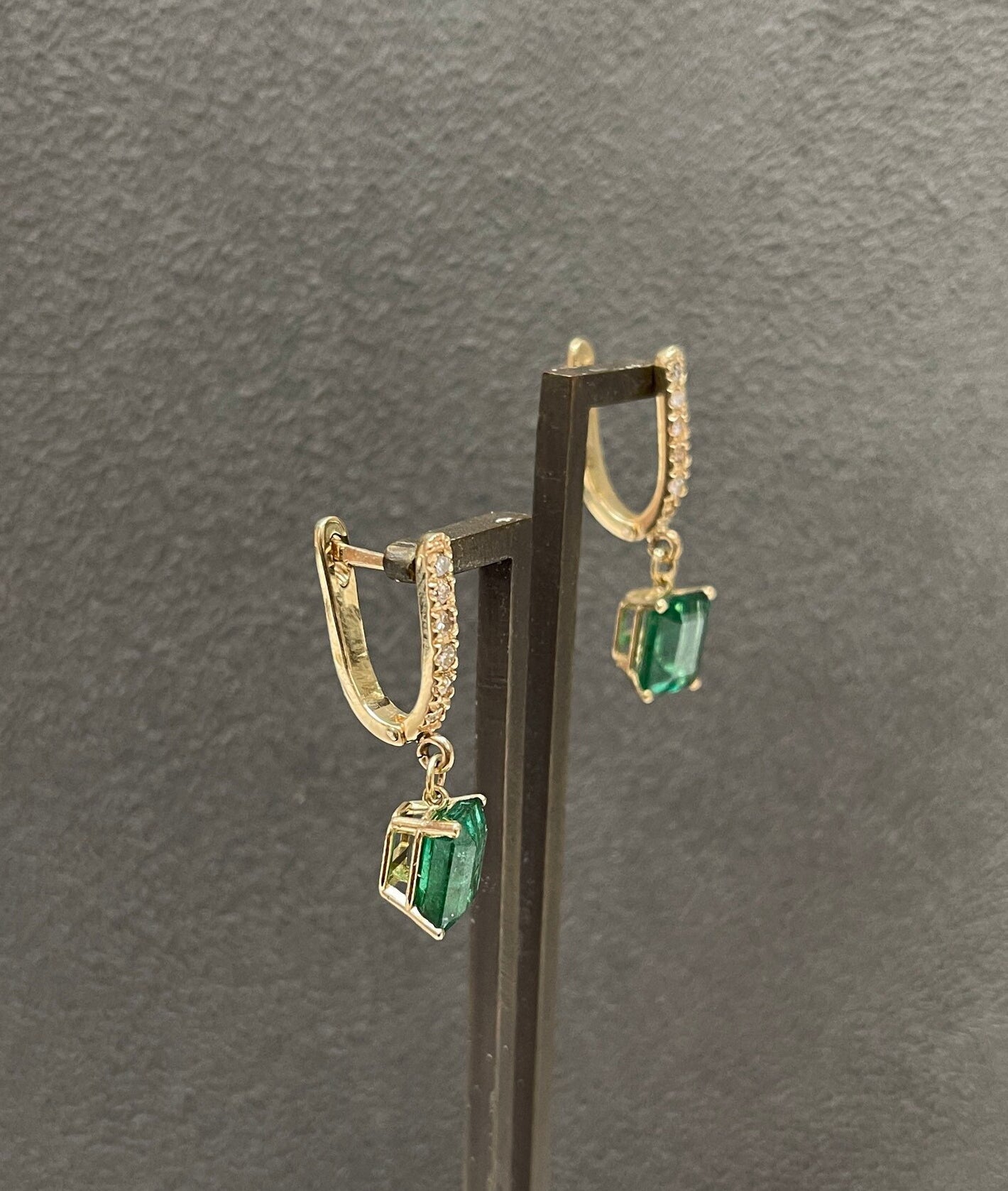 4.84tcw Natural Dark Green Emerald Cut Emerald & Diamond Hoop Dangle Earrings 14K Gold