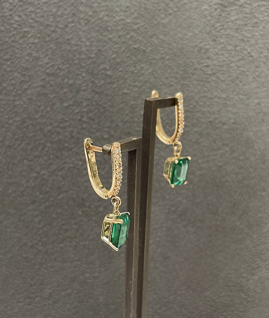 4.84tcw Natural Dark Green Emerald Cut Emerald & Diamond Hoop Dangle Earrings 14K Gold