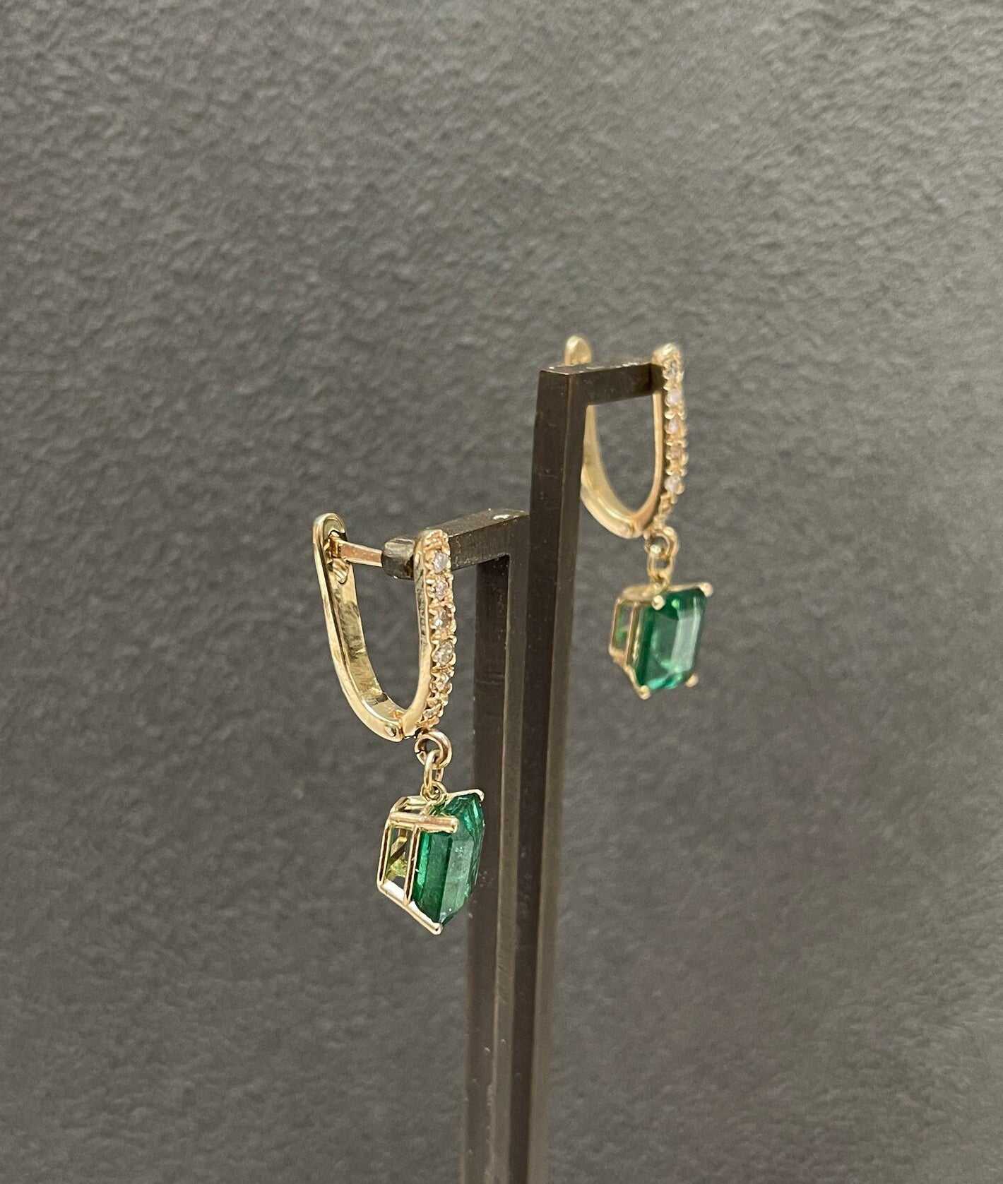 4.84tcw Genuine Dark Green Emerald Cut Emerald & Diamond Hoop Dangle Earrings 14K Gold