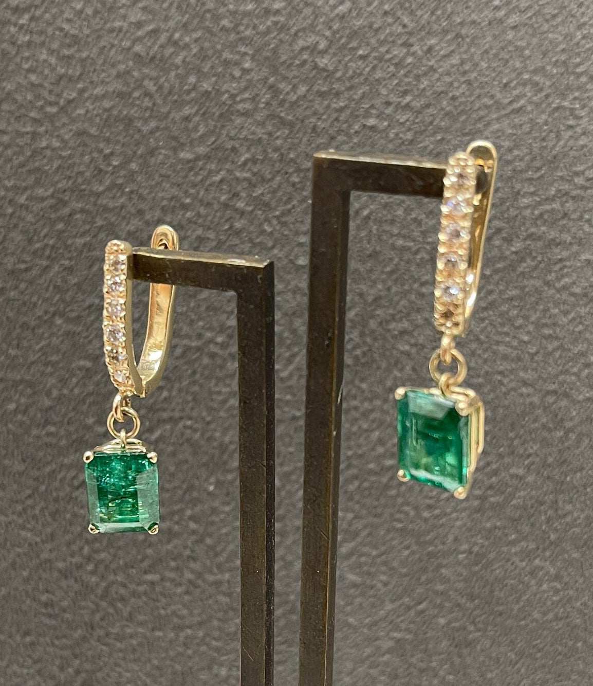 4.84tcw Rich Dark Green Emerald Cut Emerald & Diamond Hoop Dangle Earrings 14K Gold