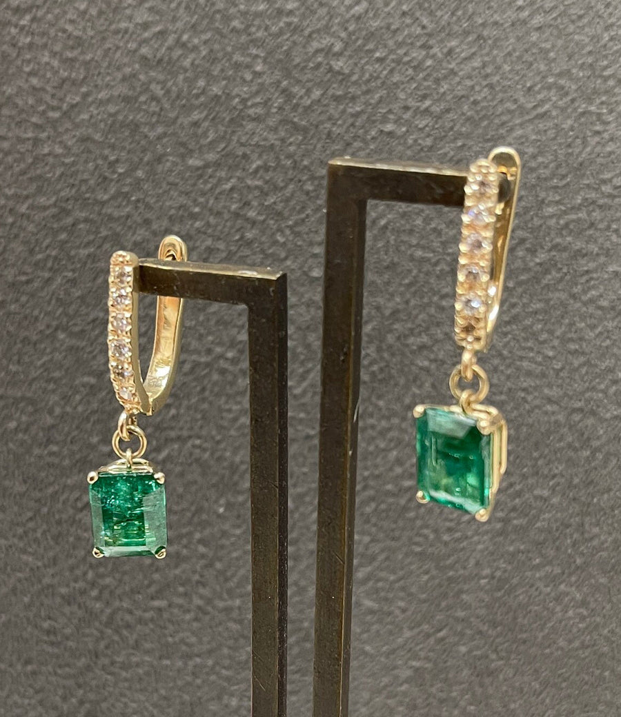 4.84tcw Rich Dark Green Emerald Cut Emerald & Diamond Hoop Dangle Earrings 14K Gold