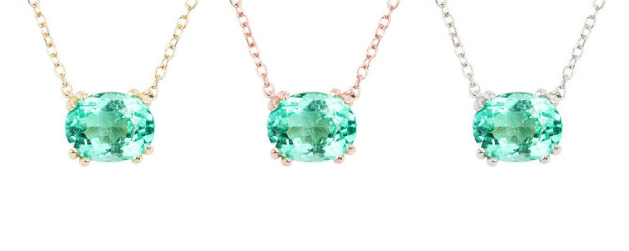 1ct East To West Transparent Clarity Zambian Emerald double prong Necklace 14K