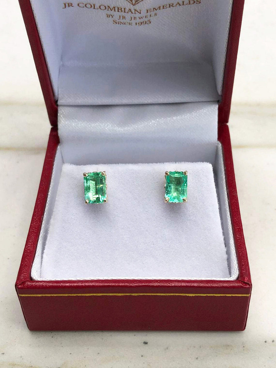 1.50tcw Trendy Fleur De Lis Emerald Cut Colombian Emerald Stud Earrings 14K gifts