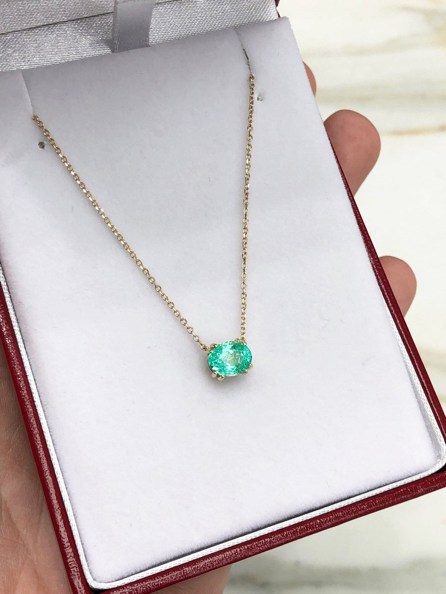 East To West Clean Clarity 1.0 Carat Zambian Emerald Stationary Necklace 14K Gold