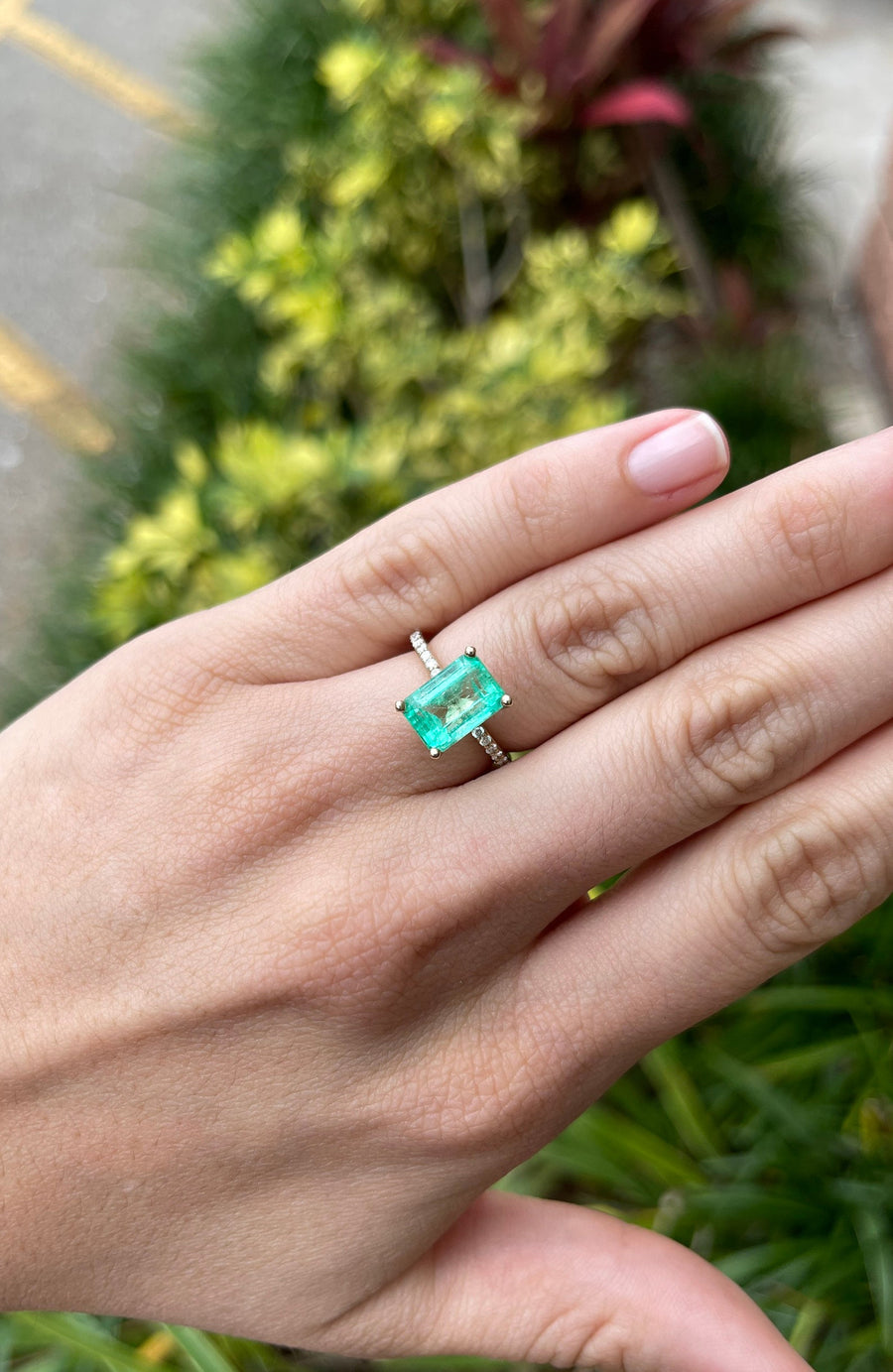 Diamond Accents Enhance 4.21tcw Emerald Cut Colombian Emerald Ring in 14K