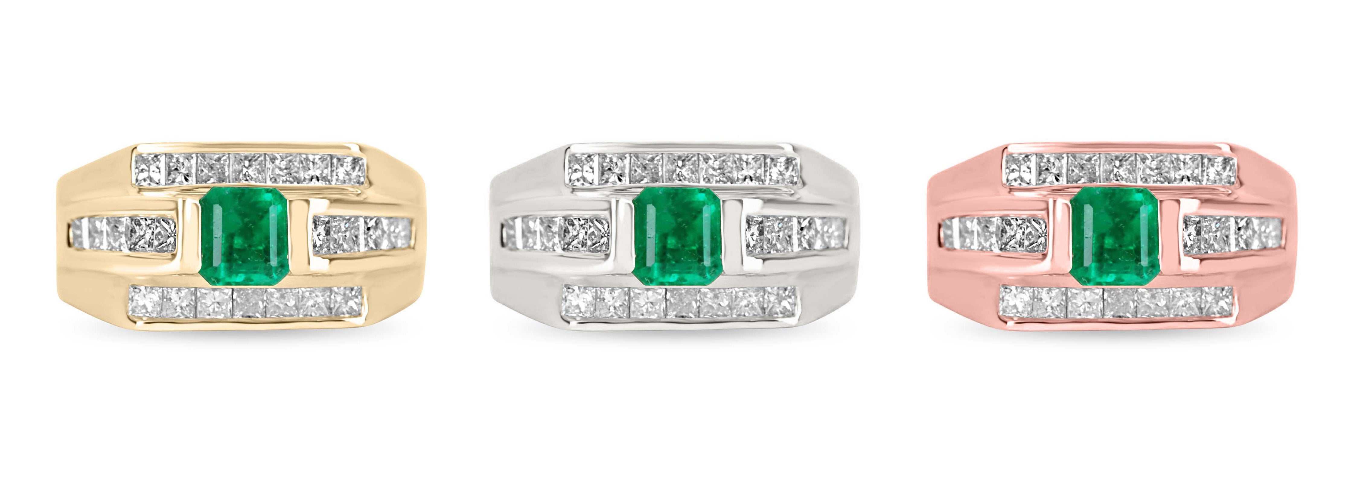 1.65tcw Emerald Cut Half Bezel Emerald Princess Cut Diamond Pinky Ring 14K - JR Colombian Emeralds