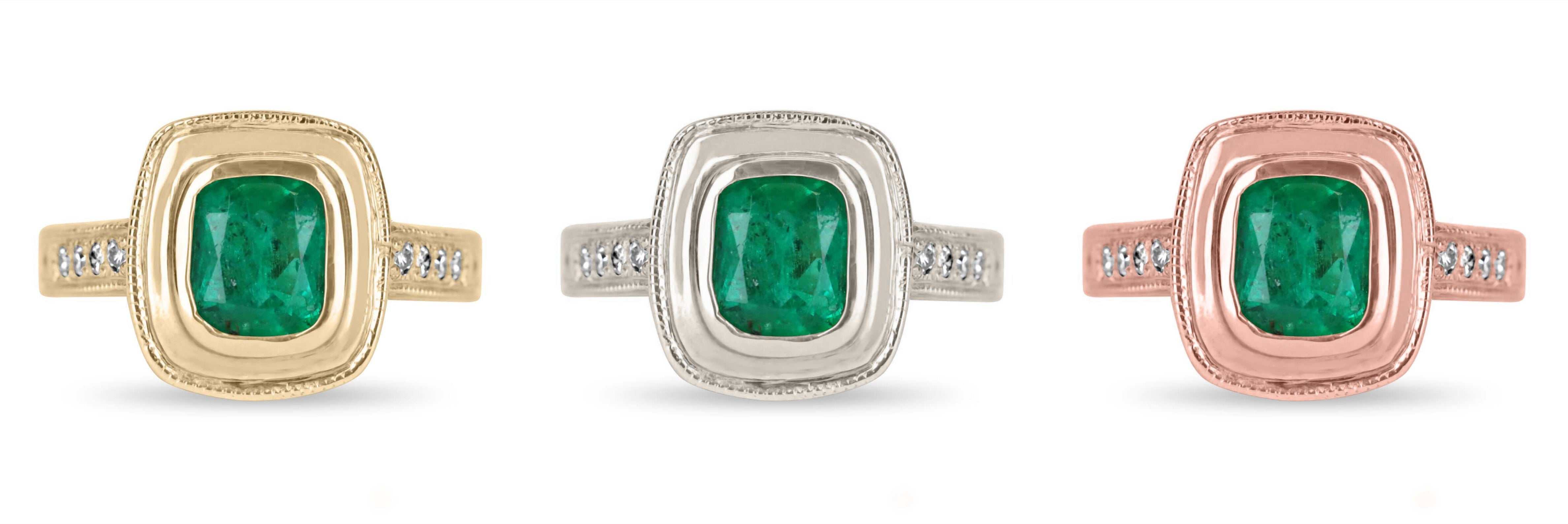 1.72tcw Bezel Set Cushion Shape Dark Green Emerald & Diamond Shank Bold Ring 14K 