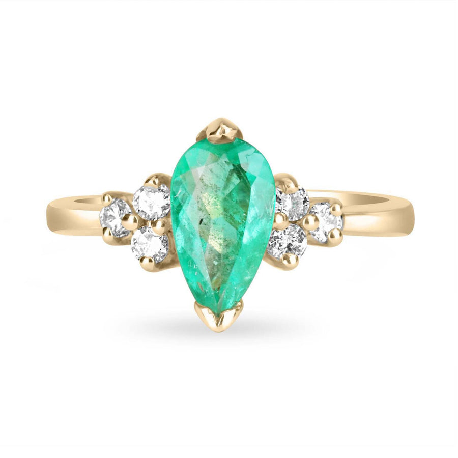 Pear Perfection: 1.30tcw Emerald & Diamond Pear Shape V-Prong Accent Ring in 14K Gold