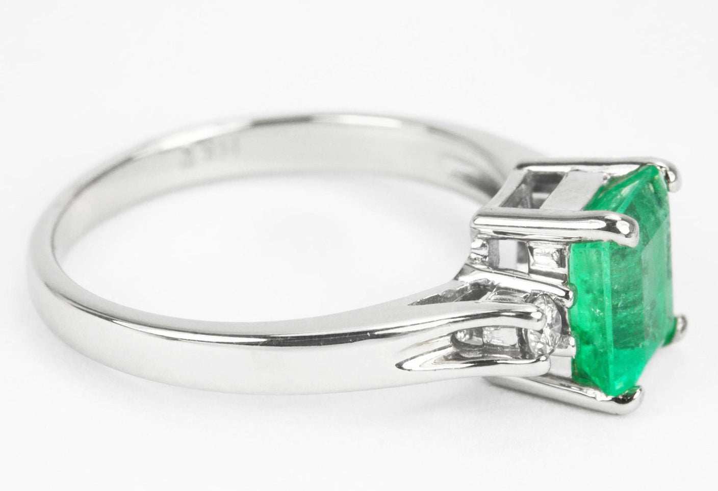 1.60tcw Emerald Cut Emerald & Diamond Contemporary 3 Stone Ring 14K