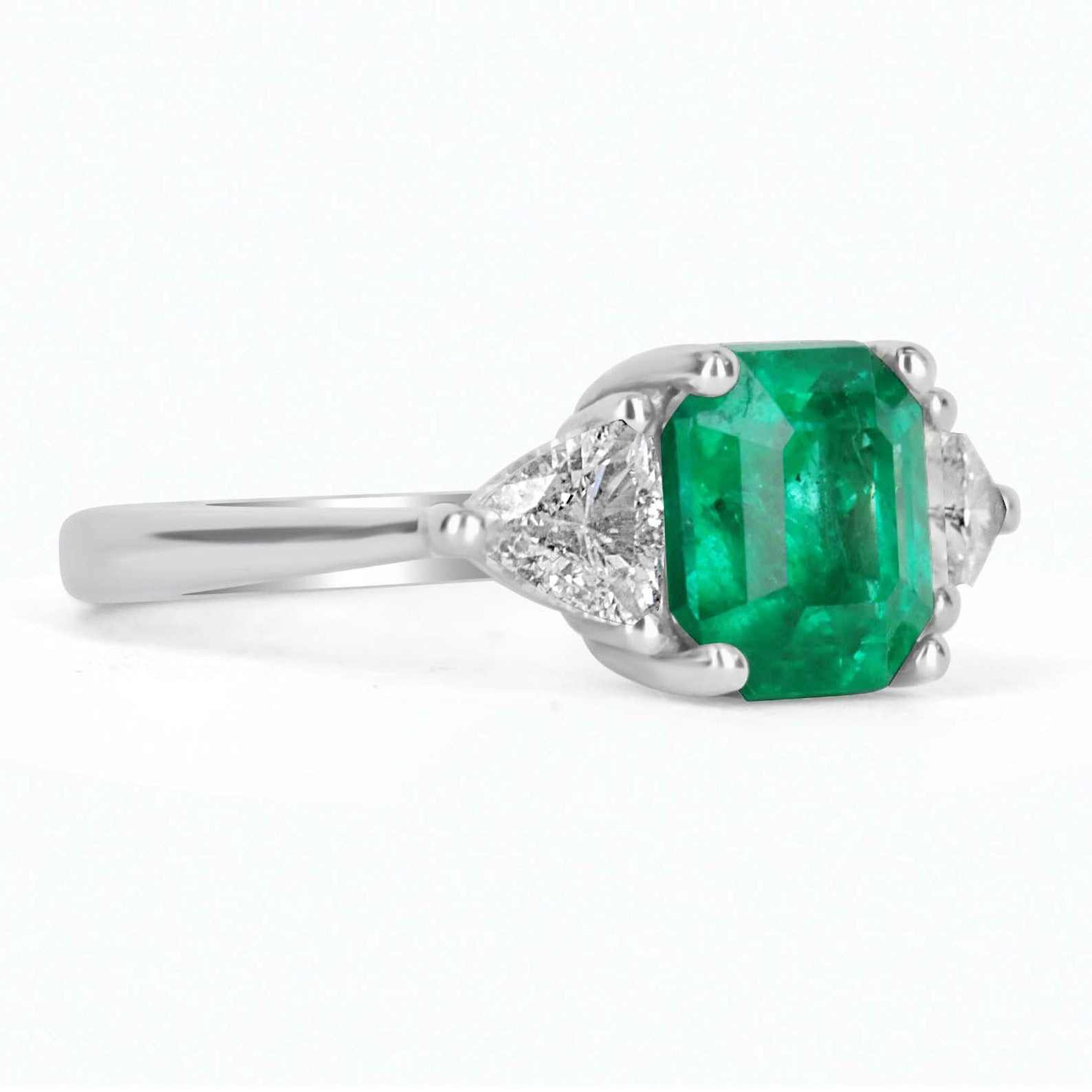 2.80tcw Triple AAA Quality Three Stone Emerald & Diamond Trillion Ring 18K White Gold