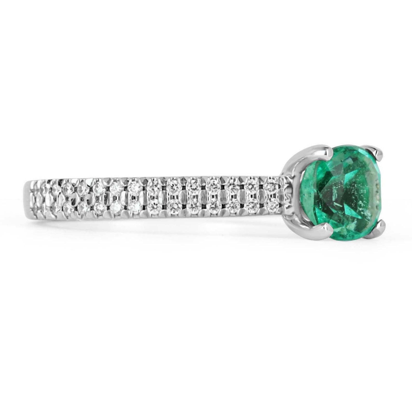 14K Colombian Emerald engagement ring with 1.75 carat cushion cut emerald and diamond prongs, from JR Colombian Emeralds.