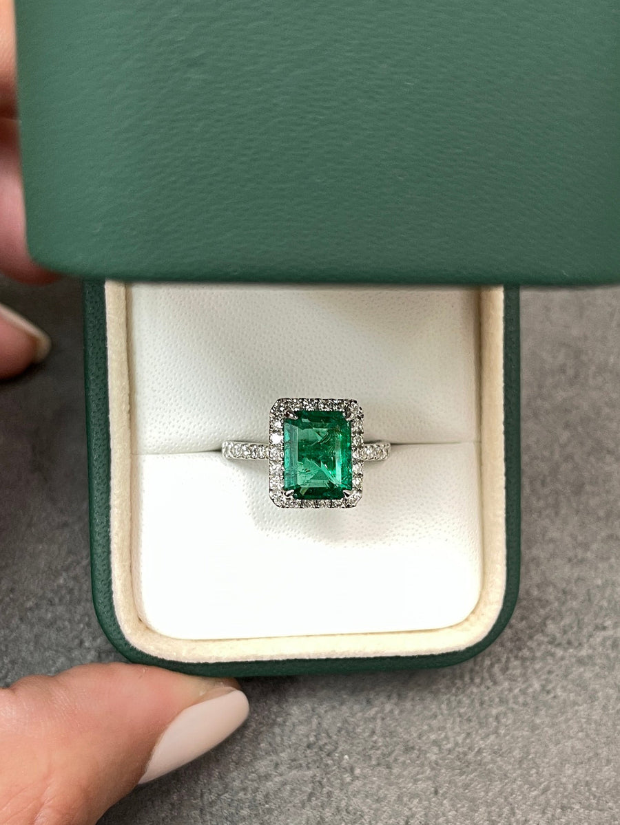 AAA Best Quality 2.53tcw 18K Natural Vivid Emerald & Diamond Halo Engagement Ring