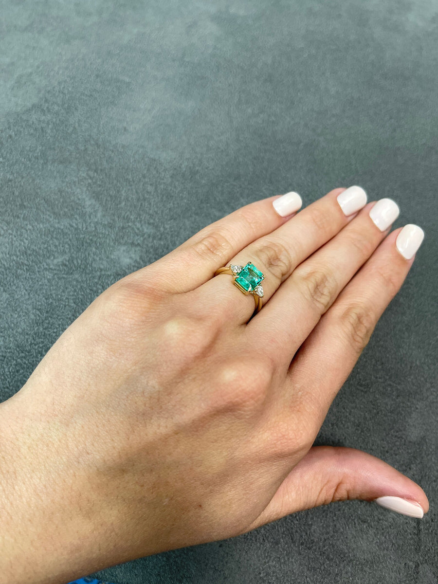 Three Stone 2.11tcw Asscher Emerald & Pear Diamond Engagement Ring 14K Yellow Gold