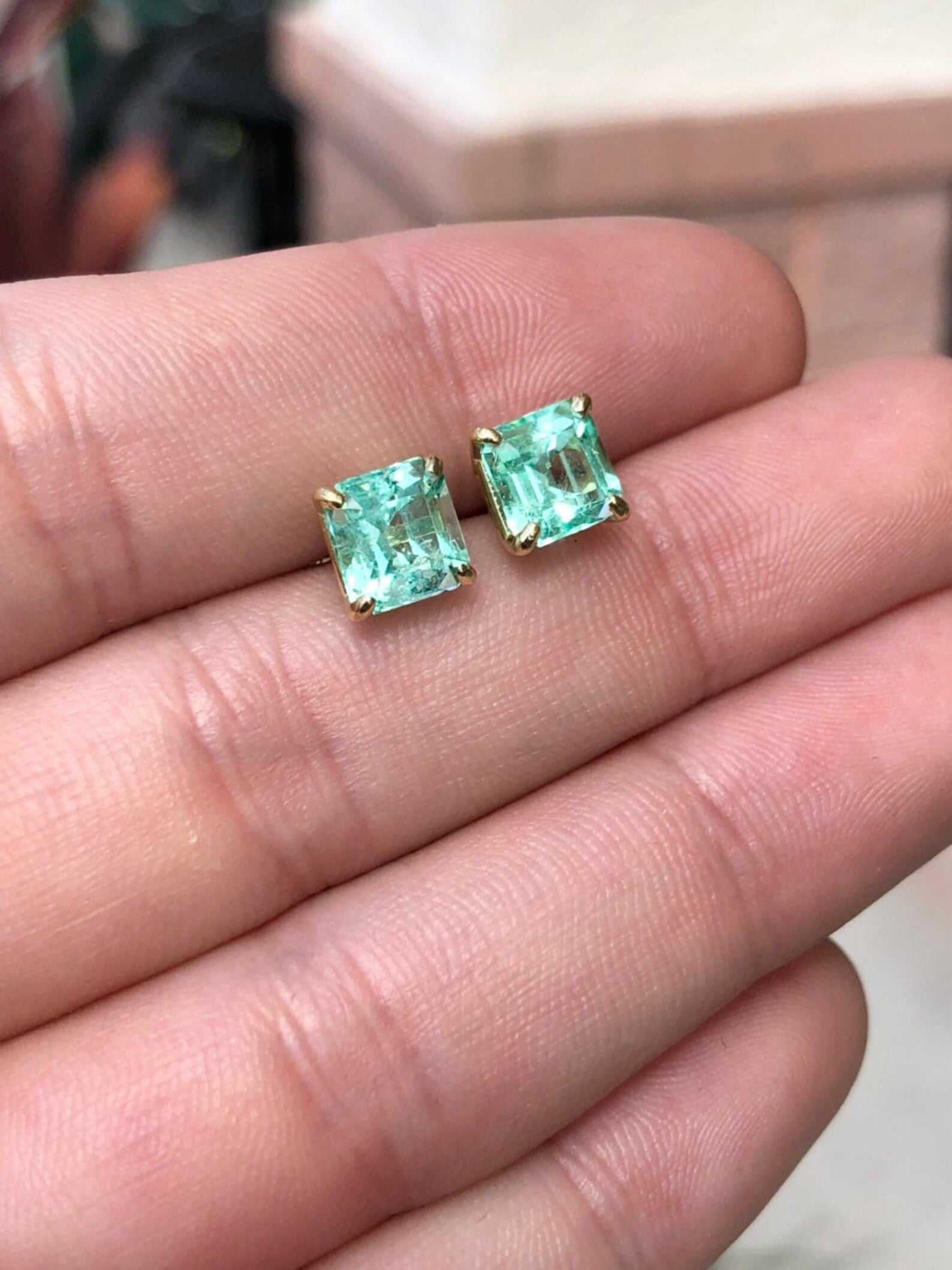 Colombian Brilliant Sea Green 3.0tcw Emerald Solitaire Asscher Stud Earrings 18K Gold