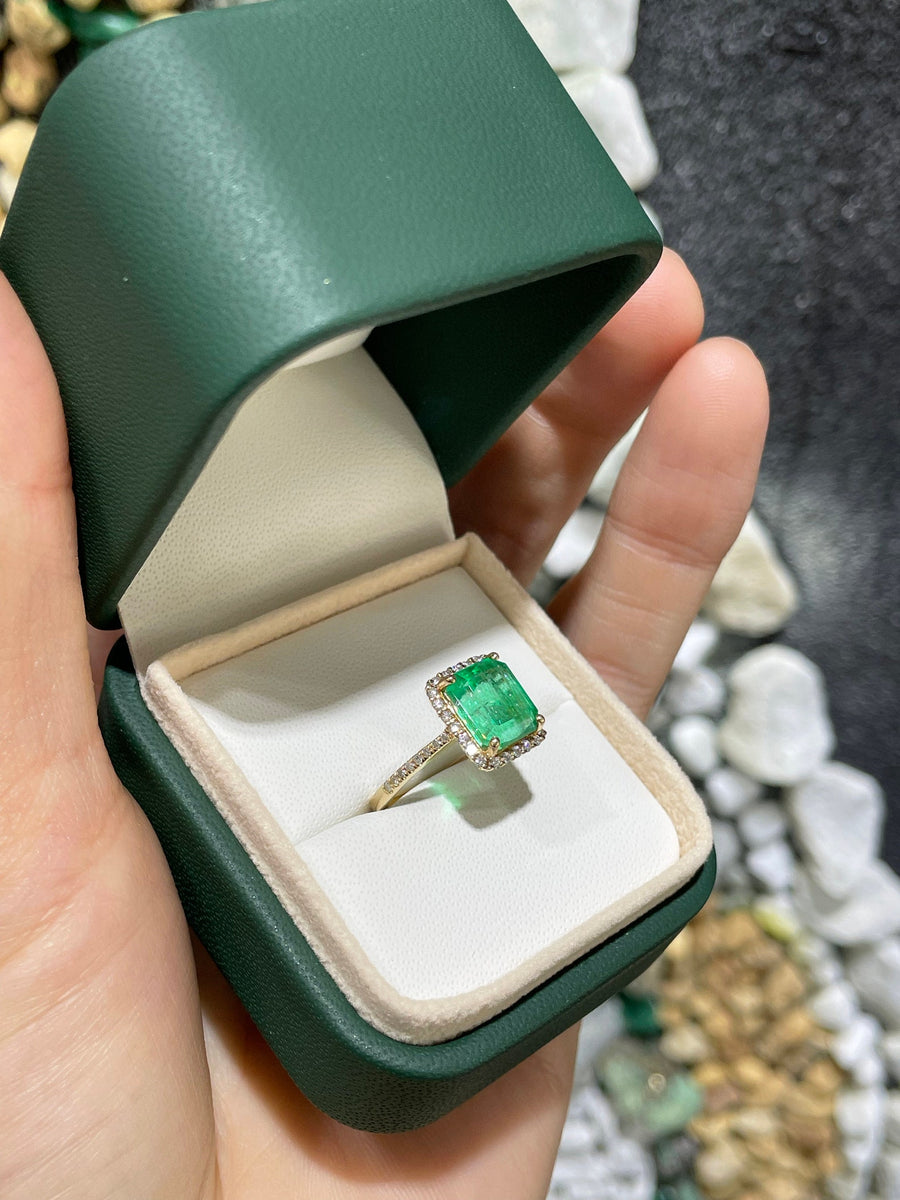 Colombian Emerald And Diamond 2.80tcw Engagement Ring Halo with accents Emerald Cut Ring 14K Yellow Gold