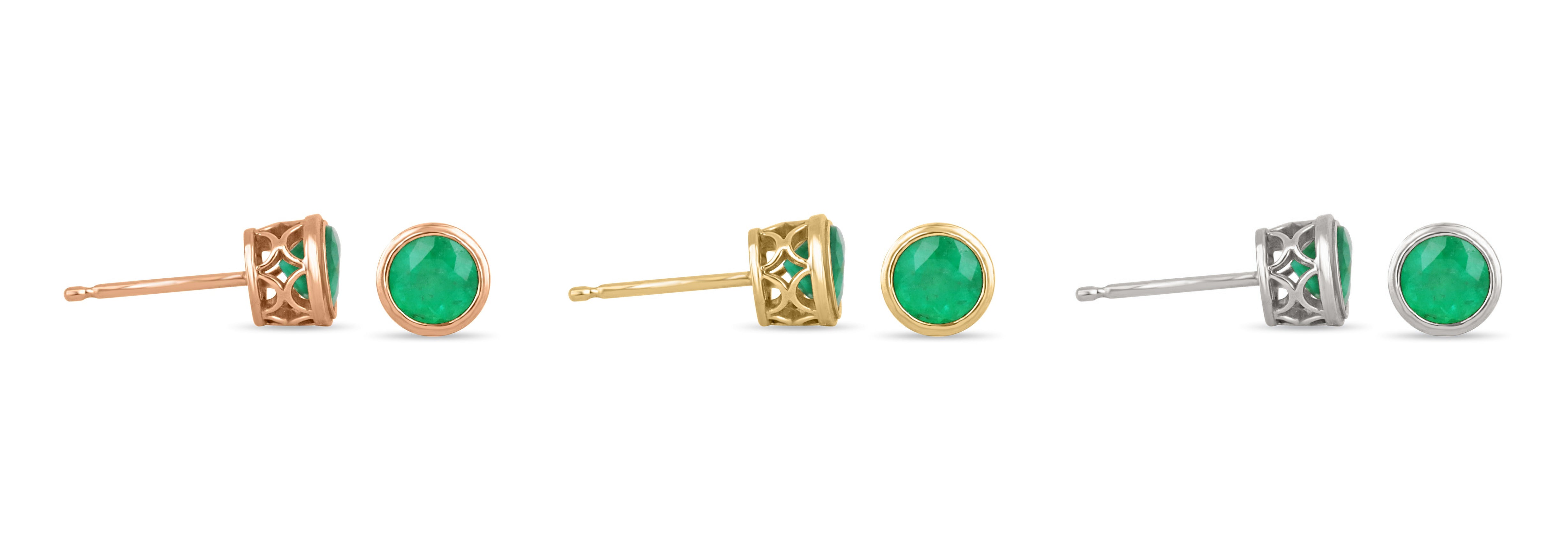 1.40tcw 14K Rich Green Emerald Round Cut Rose Gold Stud Earrings - JR Colombian Emeralds