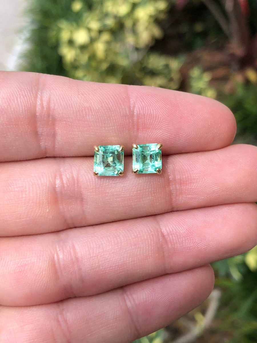 Colombian Brilliant Sea Green 3.0tcw Emerald Solitaire Square Stud Earrings 18K Gold