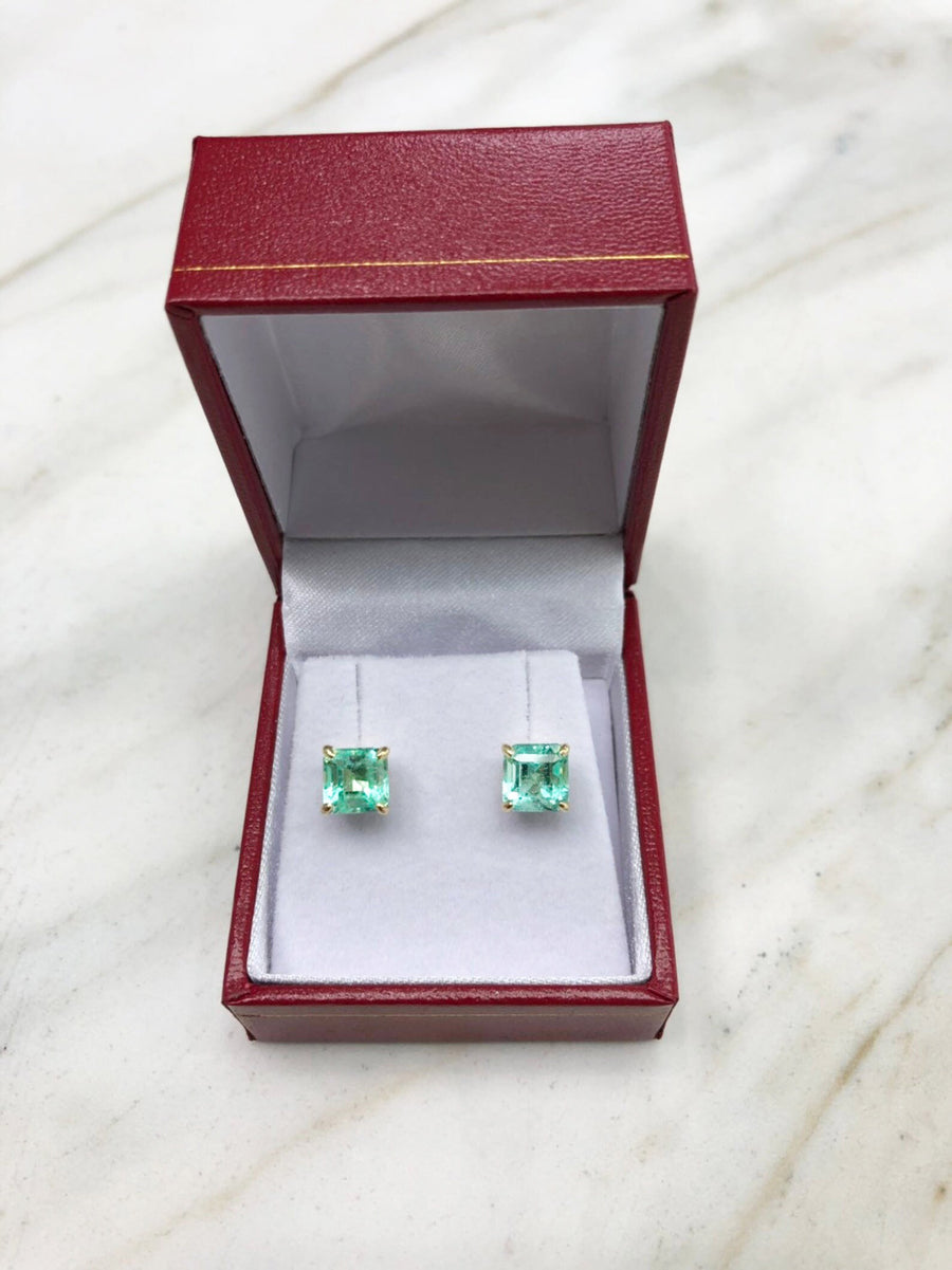 Natural Colombian Brilliant Sea Green 3.0tcw Emerald Solitaire Square Stud Earrings 18K Gold
