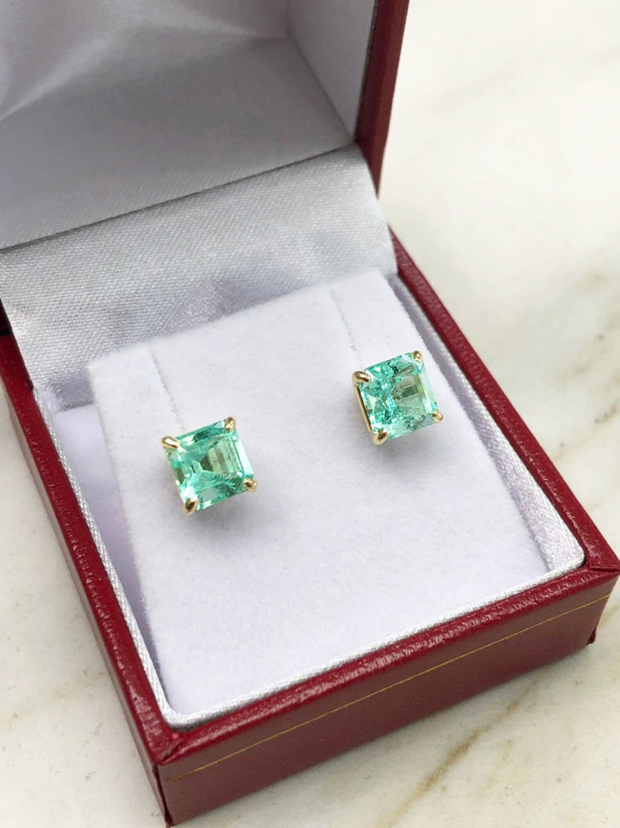 Genuine Real Colombian Brilliant Sea Green 3.0tcw Emerald Solitaire Square Stud Earrings 18K Gold