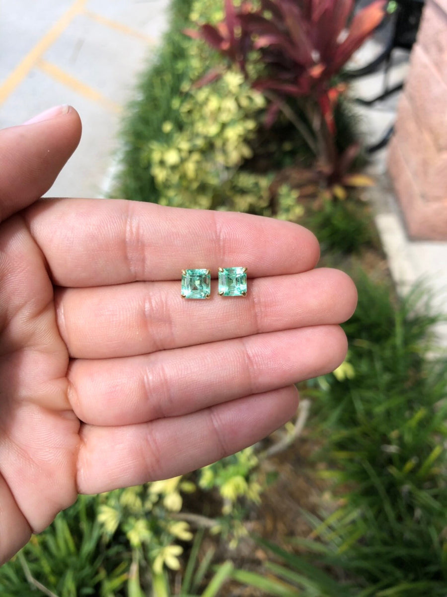 18K Gold Genuine Real Colombian Brilliant Sea Green 3.0tcw Emerald Solitaire Square Stud Earrings