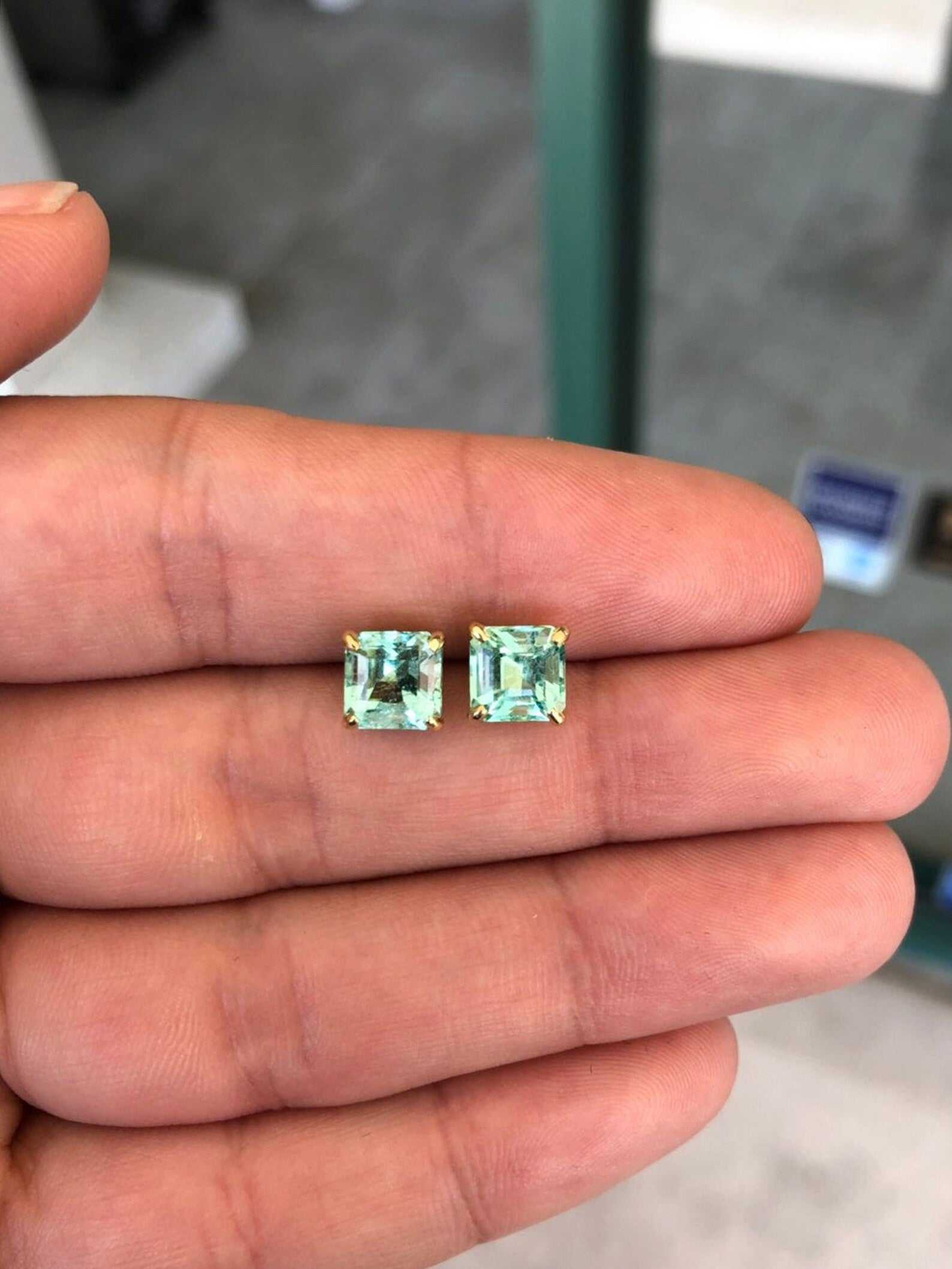 18K Gold Genuine Real Colombian Brilliant Sea Green 3.0tcw Emerald Solitaire Asscher Stud Earrings