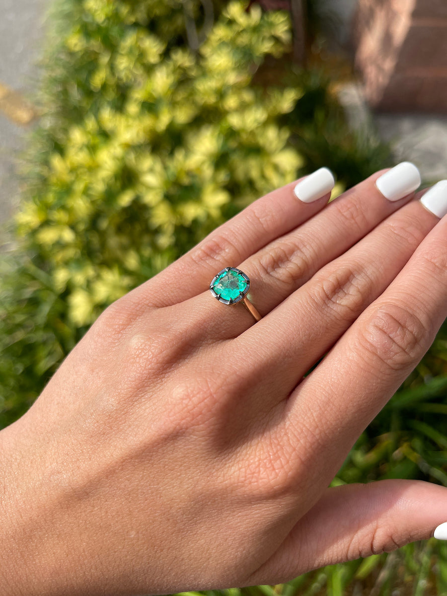 Vintage-Inspired 14K Solitaire Multi-Prong Ring with 3.0 carat Green Cushion Colombian Emerald